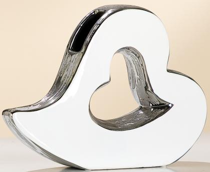 GILDE edle Keramikvase Herz mit silberner Reaktionsglasur innen, 6,5x27x19,5 cm
